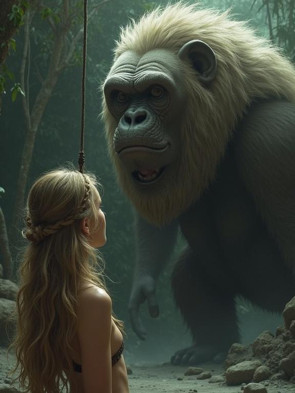 A giant gorilla confronts a woman in a jungle. The woman appears intrigued yet hesitant. The atmosphere is mystical with lush vegetation.