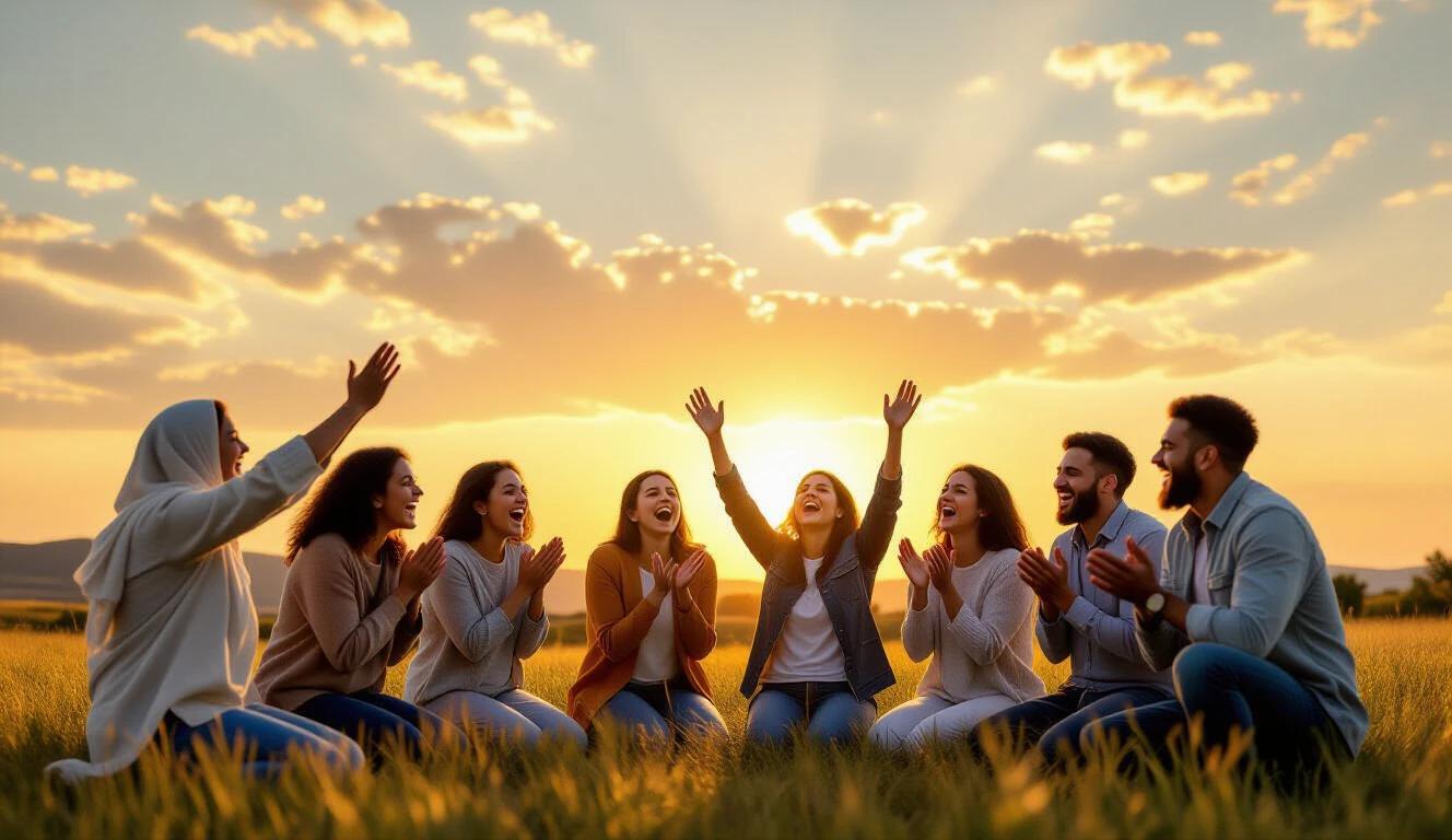 Group of Hebrew people in a field celebrating together under a sunset. Some individuals have their hands raised. Others display signs of joy and relief. The sky is illuminated with golden tones and peaceful clouds. Strong emotions are present in the gathering. Vertical orientation.