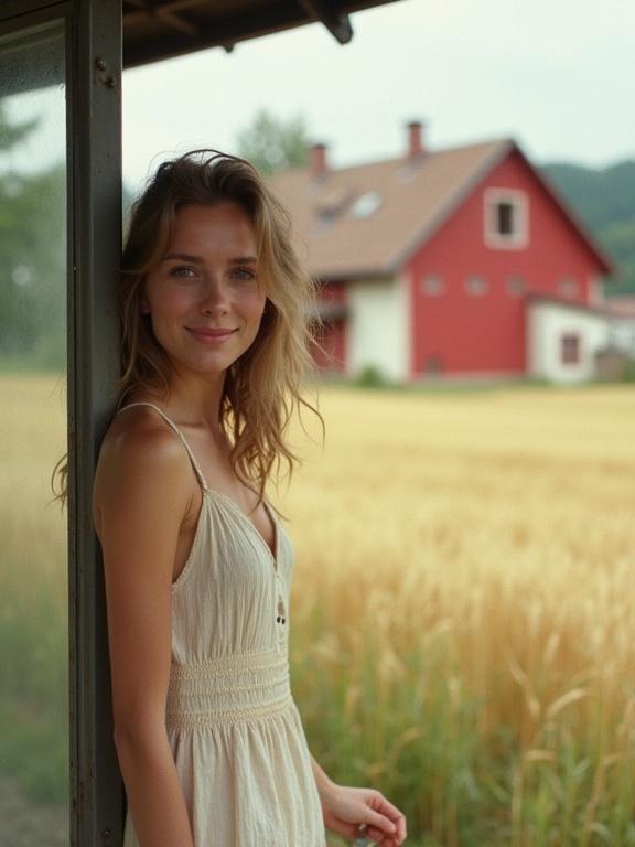 Young woman wearing light summer dress leans against metal bus stop shelter in rural field. Gentle smile and windswept hair. Soft bokeh background with red barn and golden wheat. Vintage portrait photography style with warm lighting and desaturated colors.