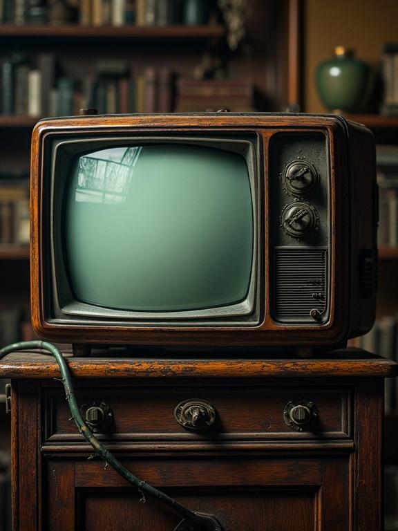An old television set on a wooden cabinet. The set has a blank screen. Wires visible around the base. Background shows a bookshelf with books. Classic design and texture. Warm indoor lighting enhances nostalgia.