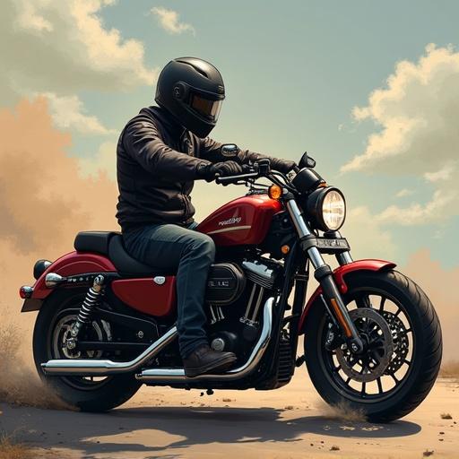 Two bikers ride a red motorcycle in an outdoor setting. The motorcycle displays a classic design and powerful build. Riders wear protective gear including helmets. The background shows a dusty environment with clouds.