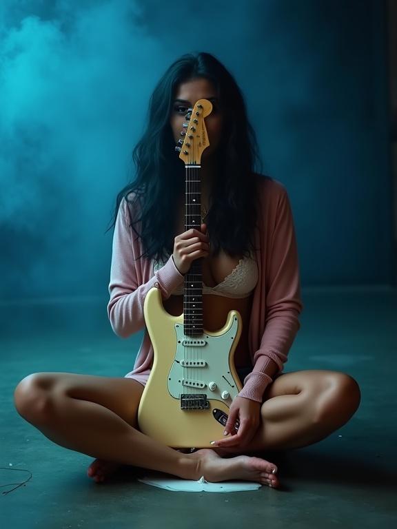 Image of a young woman seated on the floor in a smoky studio. She holds a cream-colored electric guitar vertically. Her expression is playful yet introspective. Long black hair and a soft pink cardigan, she is barefoot. The scene has moody, bluish lighting.