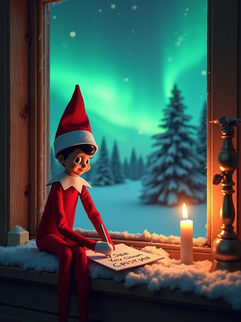 Elf sits by a window writing a message. Window shows northern lights in greens and blues. Candle flickers warmly. Elf wears red suit and hat. Snowy trees visible outside. Capture holiday magic.