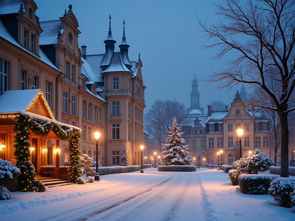 A cozy winter scene in a picturesque European square, featuring an elegant, historic building illuminated by soft, warm lights. The architecture showcases intricate designs with light snow covering the rooftops. The square is quiet, with glimmering street lamps casting a gentle glow on the white, snowy ground. Evergreen garlands are draped on nearby structures, hinting at the festive spirit of the season. The sky is a deep blue, creating a serene ambiance in this charming, wintry setting.