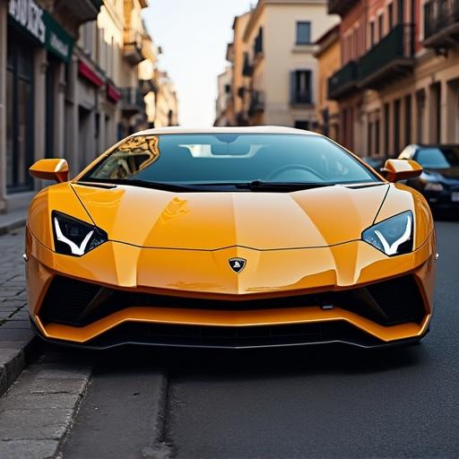 Lamborghini sports car in vibrant orange parked on city street. The image captures the sleek front design highlighting the luxurious features. Clear daylight enhances the car's stunning details. Street setting with urban buildings in background.