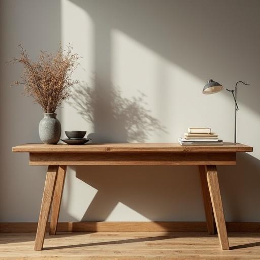Wooden table with a vase of dried flowers a plate and a lamp on the table wall background with shadows from the light