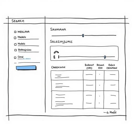 Hand-drawn wireframe mockup for a car market analysis web application. Top navigation bar with tabs showing MEKLĒŠANA ANALĪZE SALĪDZINĀJUMS. Left sidebar with search filters labeled in Latvian. Dropdowns for Marka and Modelis. Sliders for Gads and Cena. Checkboxes for fuel types. MEKLĒT button. Right section displaying a table with headers Marka Modelis Gads Cena Darbības and several sample data rows. Pagination dots at the bottom.