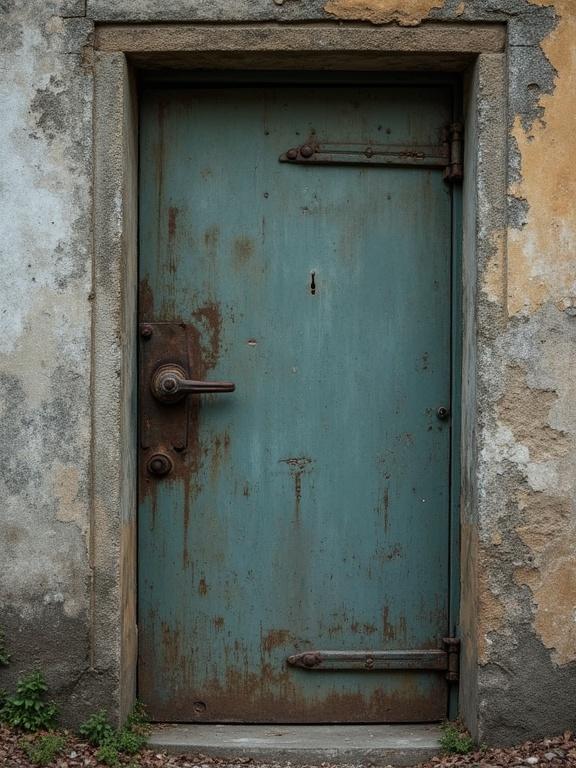 An old back steel door with a key hole. The door is weathered and rusty. The paint is peeling and the door frame shows signs of age.