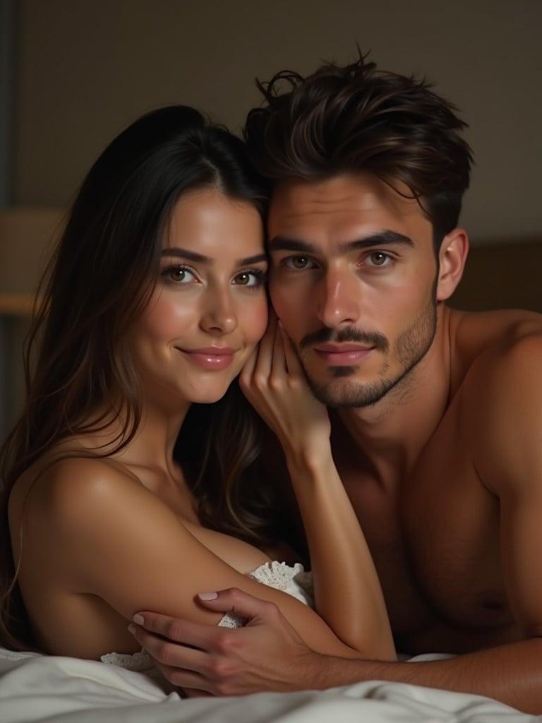 A couple lies together on a bed in a dimly lit room. The girl has long straight hair. The man has short messy hair and a little mustache. The girl has a seducing smile. The girl’s hand is on the man’s cheek. The man’s hand is on the girl’s chest. This showcases intimacy and seduction.