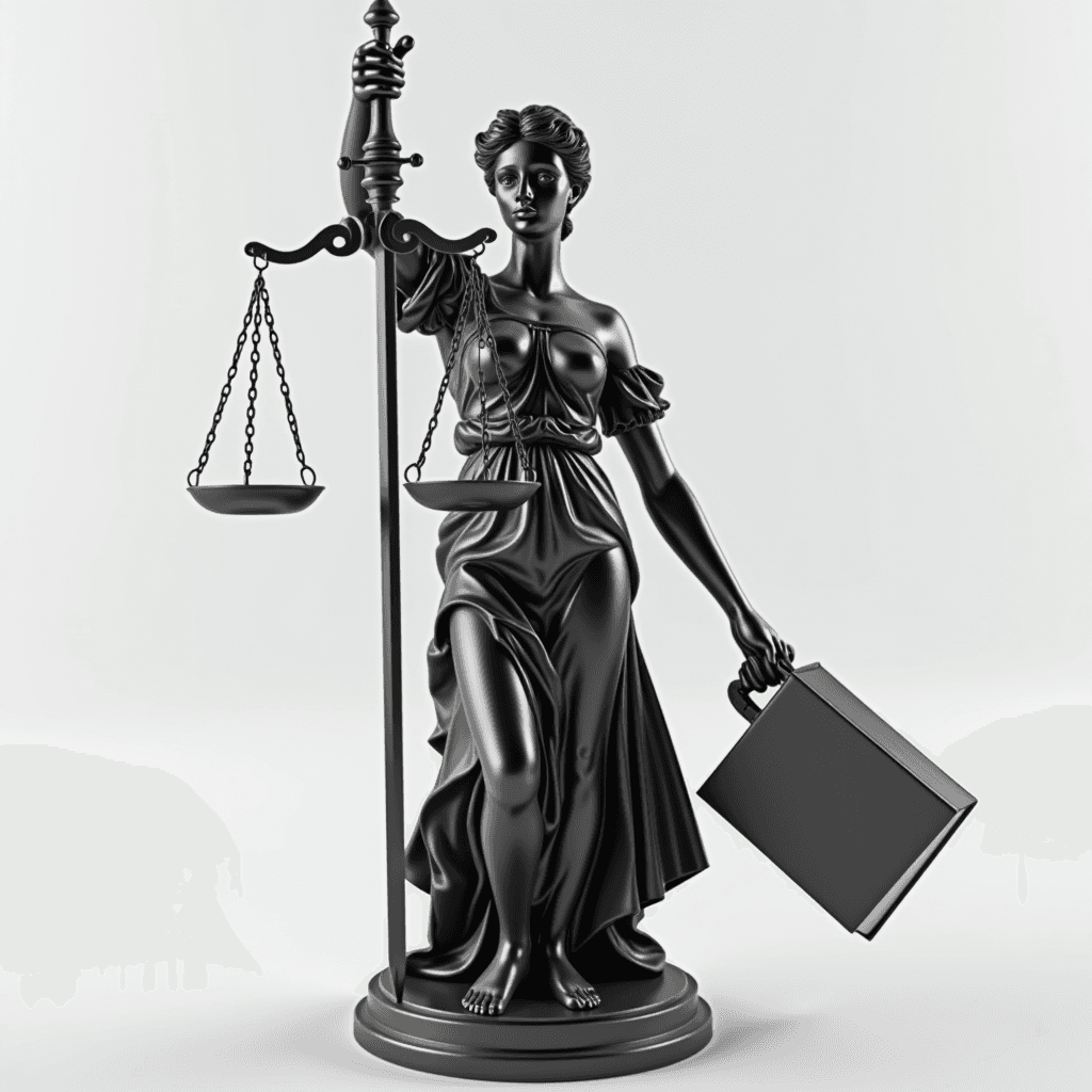 A black statue of Lady Justice holding scales and a briefcase, symbolizing traditional and modern law.