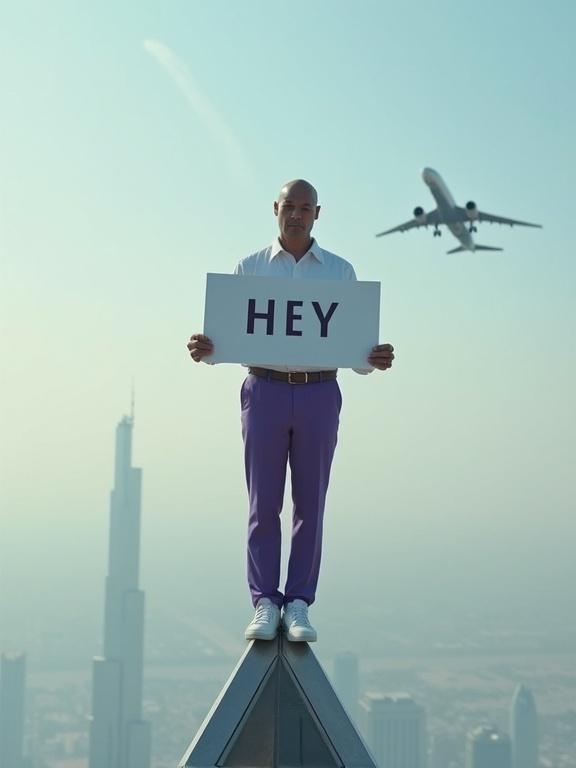 Bald Asian man in white shirt and purple trousers stands atop the Burj Khalifa. Holds sign reading 'HEY'. Passenger jet flies in background. Dreamlike state created by high altitude. Rustling wind and silent atmosphere. Unusual visuals evoke curiosity.