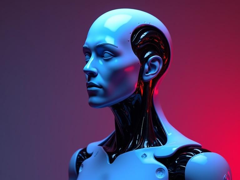 Generate a surreal image of a robot with a human guy head. Colors include blue and purple with a red color scheme. Utilize dramatic studio lighting. Image has high detail and HDR effects. Octane render with post-processing features. Include volumetric light and ray-traced lighting. Described as futuristic with depth of field effects.