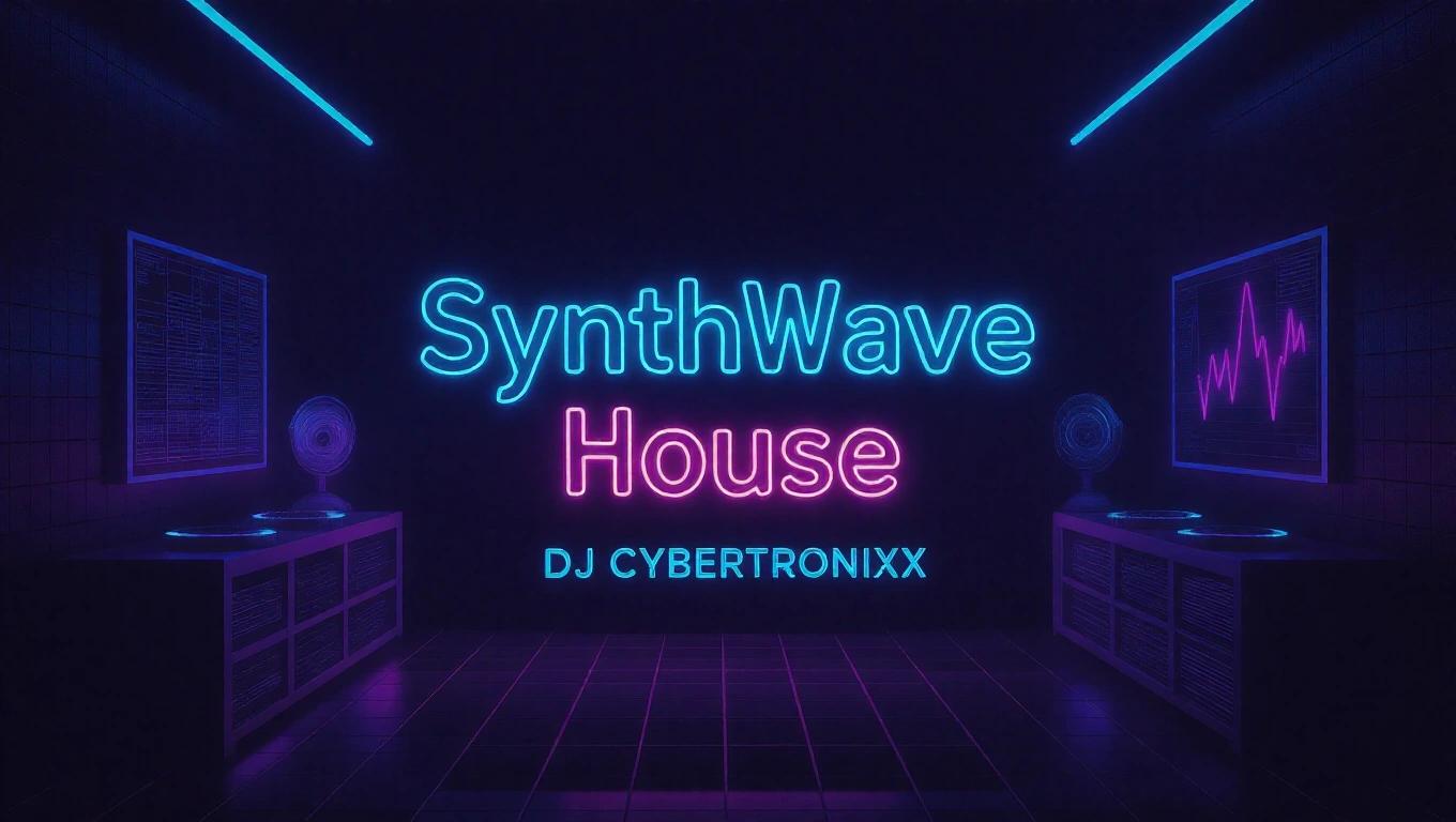 A dark RGB artistic album cover featuring neon elements. Text includes 'Synthwave House'. Name included is DJ Cybertronixx. The design is futuristic and stylized.