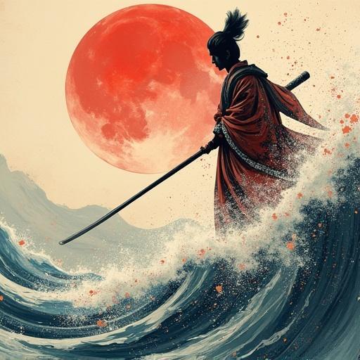 Japanese folklore tale featuring Kaguya with a sword in a dynamic ocean setting. Silhouette of a figure against a large red moon with brushstroke style.