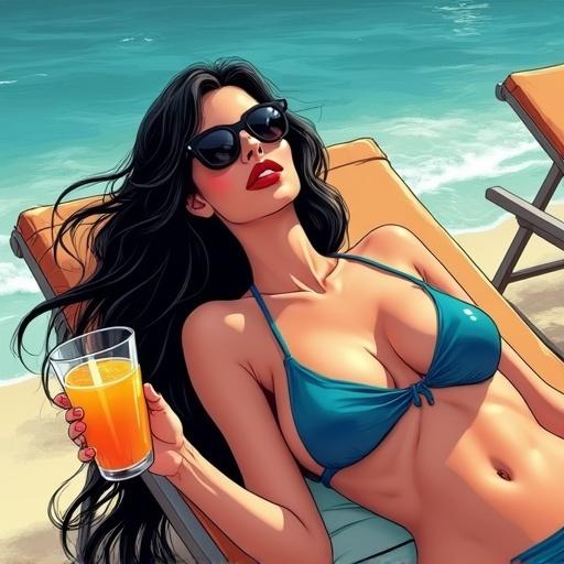 A woman sunbathes on a beach lounge chair. She has long dark hair and wears a high-cut blue bikini. She holds an orange juice. The scene has comic noir style with dramatic lighting and bold inking. The sun creates highlights on her skin. The breeze moves her hair.