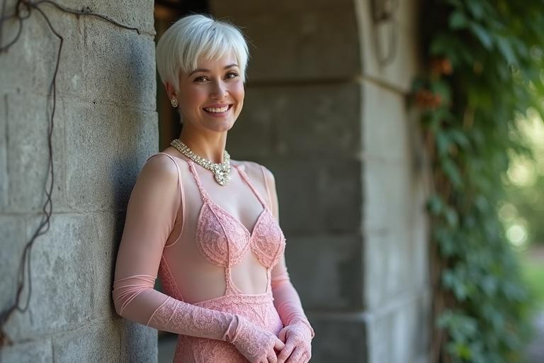 Full body shot of a woman with short white hair and fair skin. Warm smile with wide lips. Wearing a tight-fitting pink transparent dress and lace long gloves. Black high-heeled ankle strap shoes. Leaning against gray wall with greenery. Hands on hips. Soft natural lighting. Slightly blurred background.