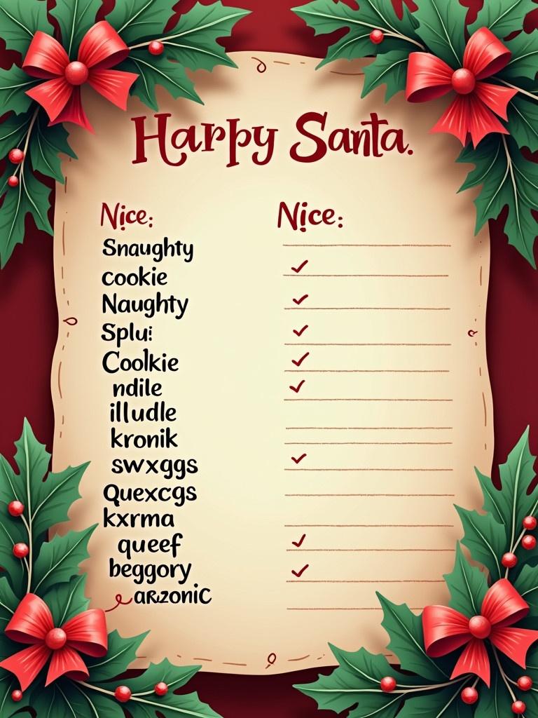 Letter from Santa about Naughty and Nice lists. Nice list includes names like scuffzy cookie illude kronik swxggs kxrma queef beggory anzonic. Decorated with Christmas elements like holly and ribbons.