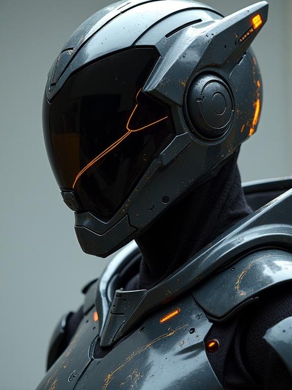 Sleek power suit with sharp aerodynamic design and angular visor plate helmet. High-tech sci-fi aesthetic with a futuristic look.