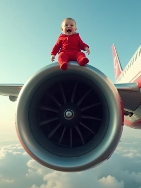 Exterior shot close-up of massive jet engine in flight with baby in red onesie sitting on top looking terrified with wind effect creating a dramatic scene against the sky and clouds