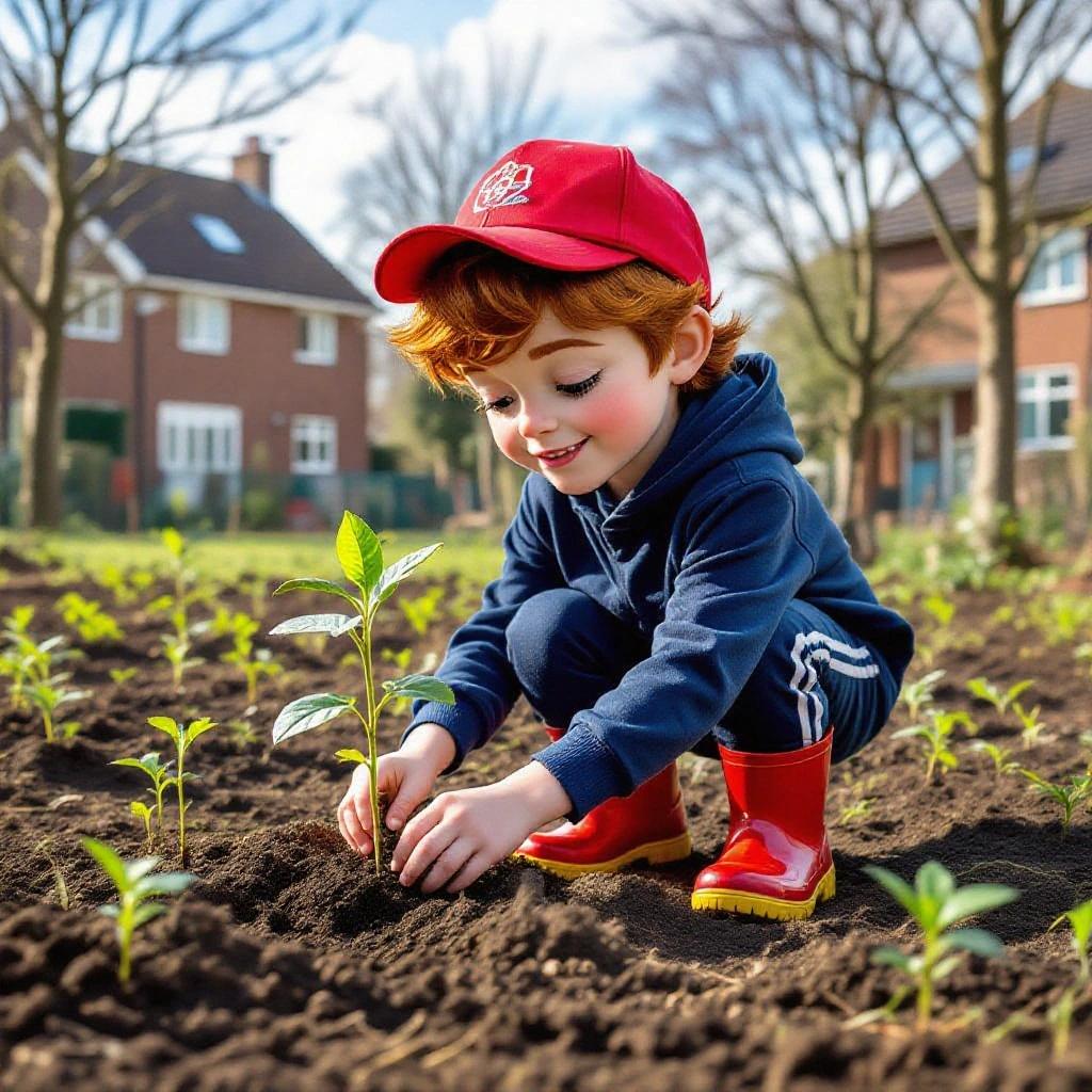 A child planting young seedlings in a garden. The setting is a school allotment. The child has auburn hair and is wearing a red baseball cap. He is dressed in a navy-blue track top and pants. He is in red wellington boots with yellow soles. The garden has young plants sprouting in neat rows.