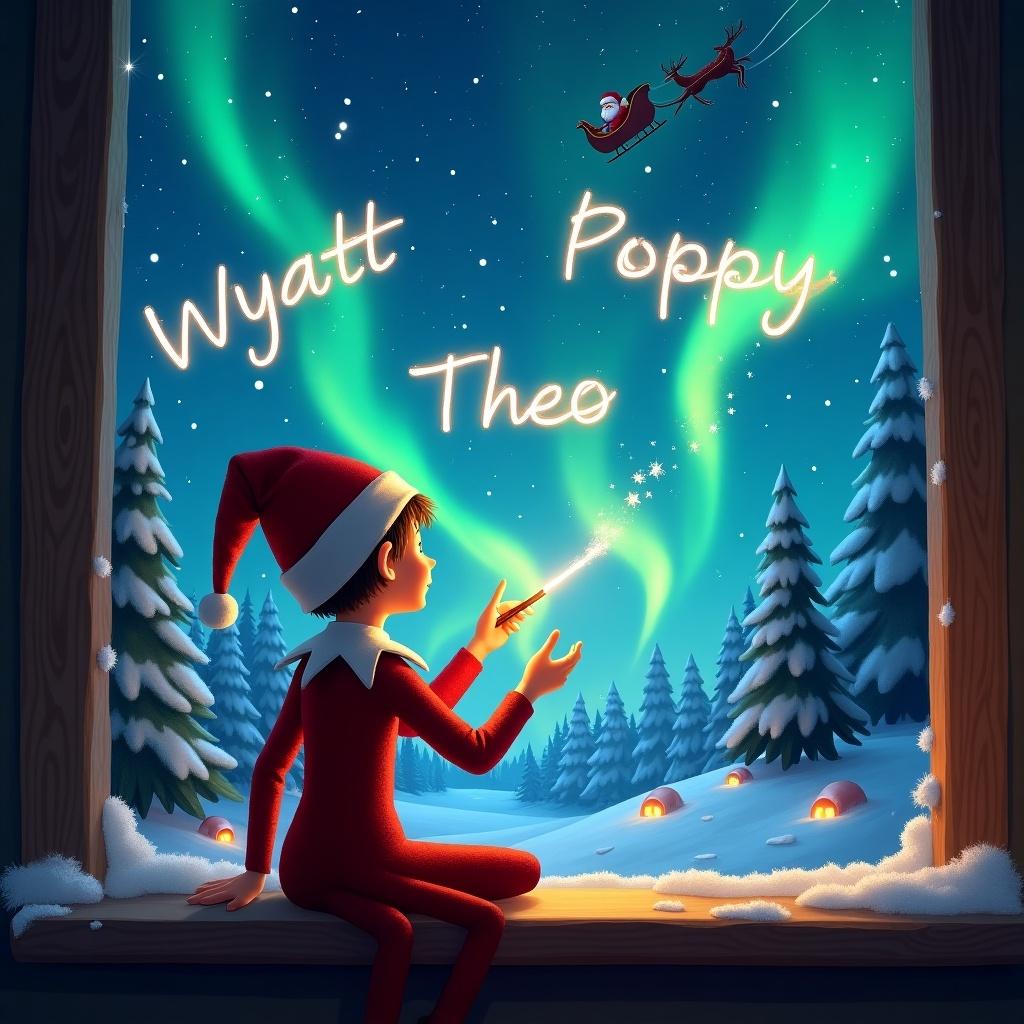 This image depicts an Elf on the Shelf with his back to the viewer, gazing up at a magical Christmas sky. He is using a wand to write the names Wyatt, Poppy, and Theo, along with the message 'I’m coming back' in sparkling letters. The background showcases a snowy forest illuminated by the captivating Northern Lights, creating a whimsical and enchanting atmosphere. In the distance, Santa Claus can be seen flying with his reindeer. The overall scene exudes a sense of wonder and holiday cheer, making it ideal for festive occasions.