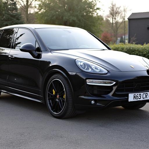 Photograph of a black Porsche vehicle parked by the roadside. Light reflects on the car giving it a shiny appearance. Show the unique design of the luxury sports car. Include a clear view of the vehicle's rims. Ensure a natural background setting with soft focus.