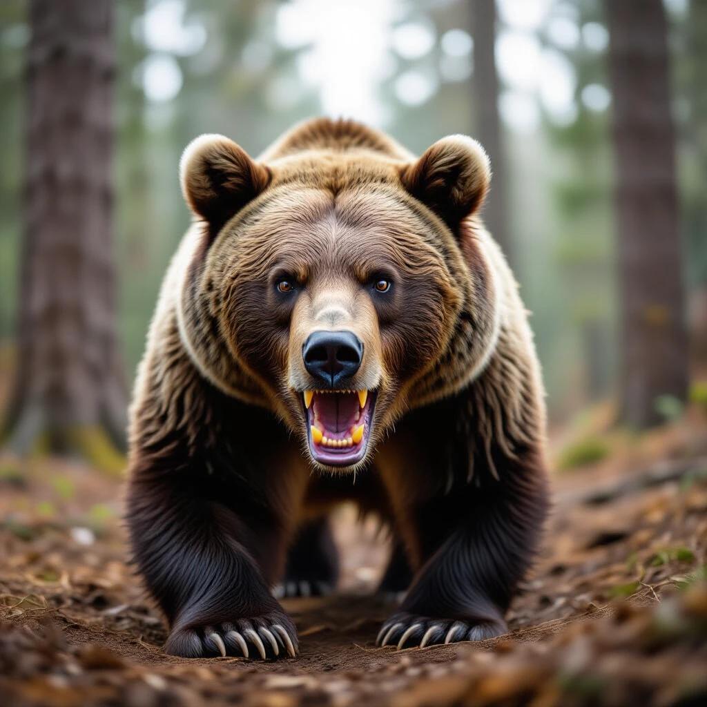 A large bear with an angry expression stands in the forest. The bear appears to be diving toward the camera, drooling slightly. Background shows trees and forest floor.