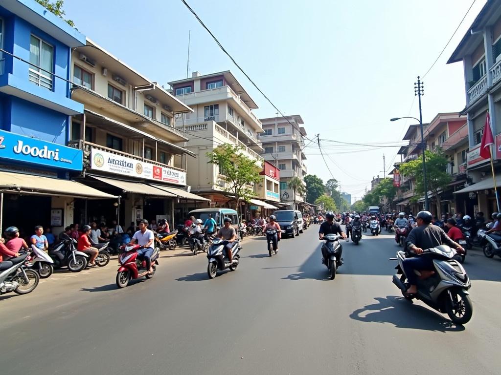 The image shows a busy street scene. There are several motorcycles and vehicles on the road. On the left side, there is a blue storefront with the name "Toko Eka" prominently displayed. The area is surrounded by various shops and some flagpoles with flags. The sky is clear and sunny, indicating a warm day.