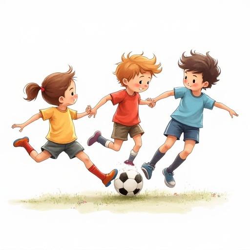 Children's drawing featuring three kids playing soccer. All kids are jumping separately. Each child holds hands with one another. The drawing is created on a transparent background.