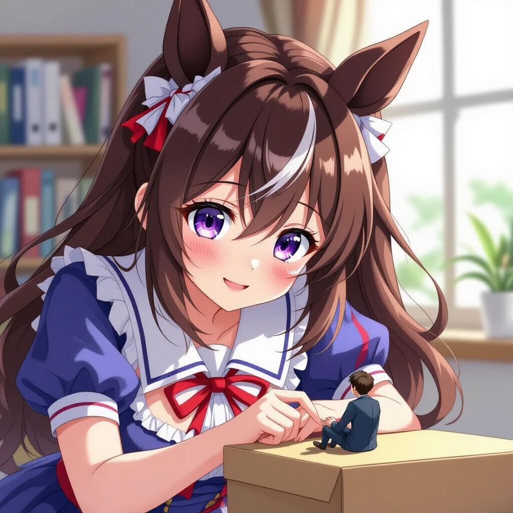 Giant mature anime girl with horse ears and brown hair smiles lovingly. She wears a blue and white uniform with a red ribbon. She gently interacts with a tiny man on a box. Scene captures playful, intimate moment with extreme size difference.