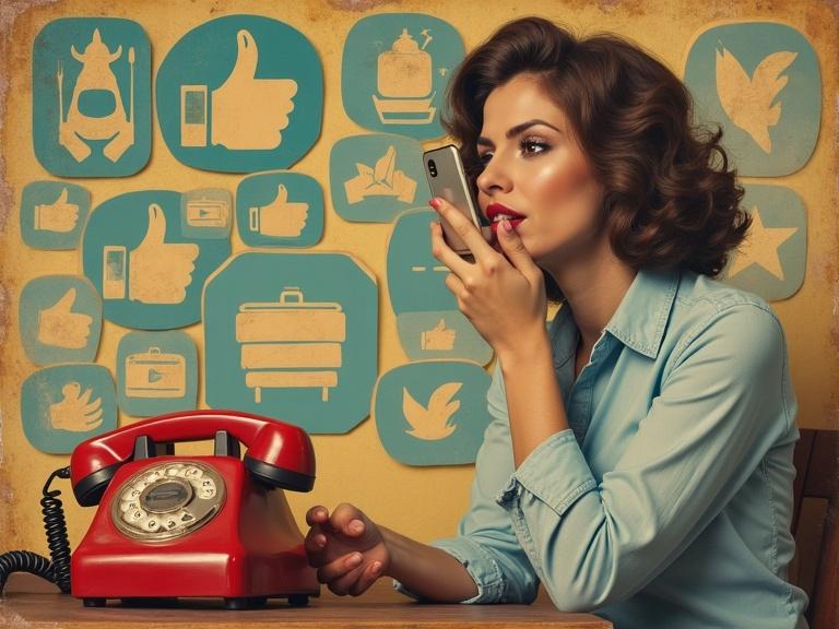 Vintage-style scene of someone using a phone. Old rotary phone transformed into smartphone. Person posts on Facebook. Behind them retro icons and modern visuals like likes and comments.
