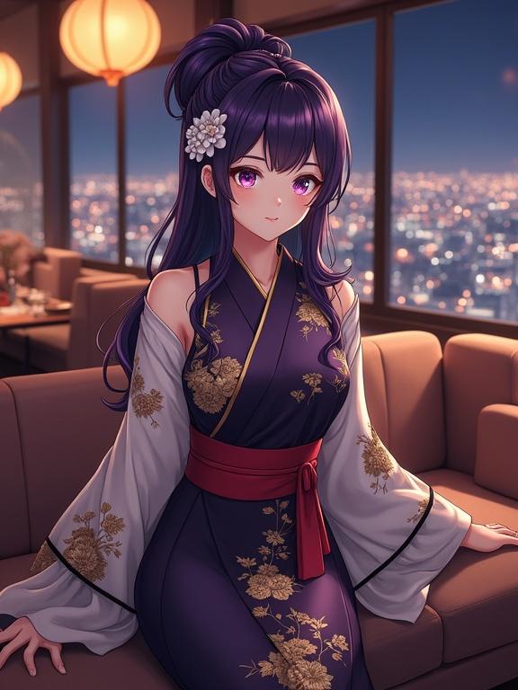 Full-body view of a beautiful anime-style lady with dark violet hair in an elegant updo secured with kanzashi. Eyes are large and violet. She wears a kimono with white sleeves and golden chrysanthemum patterns over a black base. A red obi belt is tied around her waist. Seated comfortably on a luxurious sofa in a high-end lounge. Both feet resting on the sofa in a relaxed pose. Dimly lit lounge with a panoramic city view.