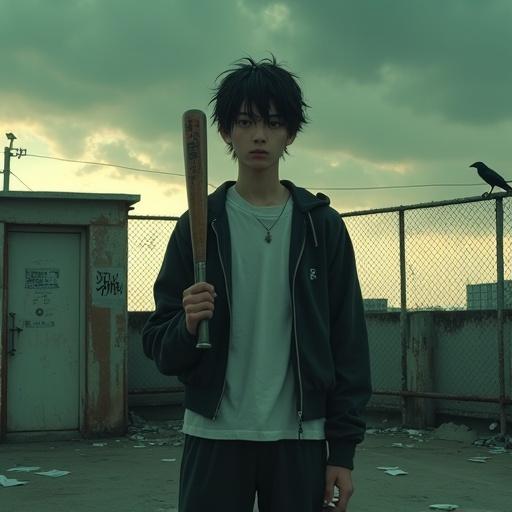 A 17-year-old Japanese male student stands on a high school rooftop. He grips a metal baseball bat. He wears a dark gakuran school uniform with his jacket half-unbuttoned and his shirt untucked. He scans the perimeter with tension. He has a bruise on his cheek and sweat on his temple. The rooftop door stands ajar. Shadows suggest danger nearby. The chain-link fence is rusted. Debris flutters around. Graffiti covers a shed. A crow perches on the railing. The sky is stormy, casting a greenish light. The bat gleams in the sunlight. His posture is coiled, prepared for violence.