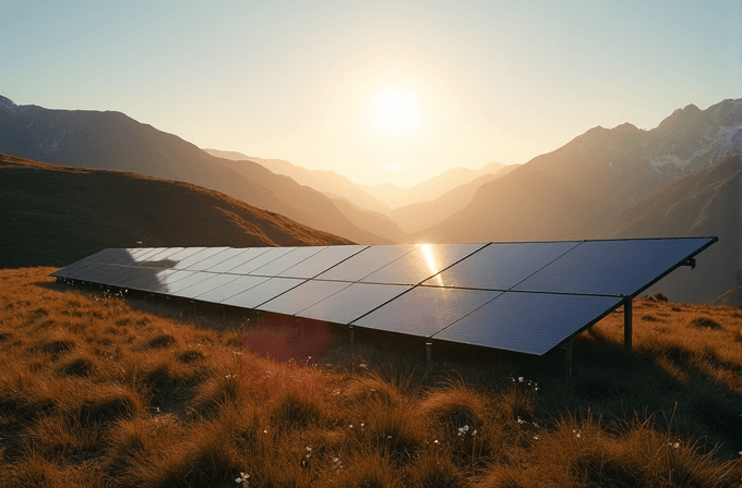 Solar panels are installed on a grassy hill with mountains in the background, as the sun sets.