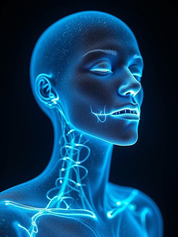 Human with strong bioluminescence effect. Close-up view showing facial features and neck illuminated in blue light. Artistic representation with a futuristic feel.