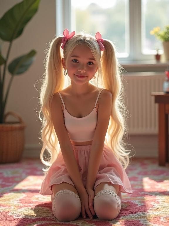 A teen with long blonde twin tails wears pink bows. She kneels on a colorful rug in a soft-lit living room. She wears a crop top and a pale pink skirt with thigh-high socks and black shoes. The room has natural light and a potted plant in the background.