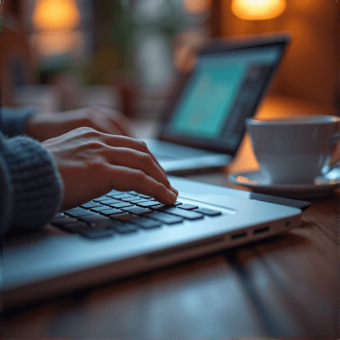 A person is typing on a laptop next to a cup of coffee in a warm, softly lit setting.