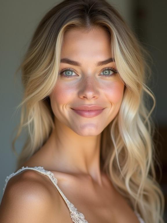 A highly detailed portrait of a beautiful young woman. She has blonde hair and big eyes. A slender figure and fair skin. Smiling while wearing a dress. Captured in natural light with soft lighting effects.