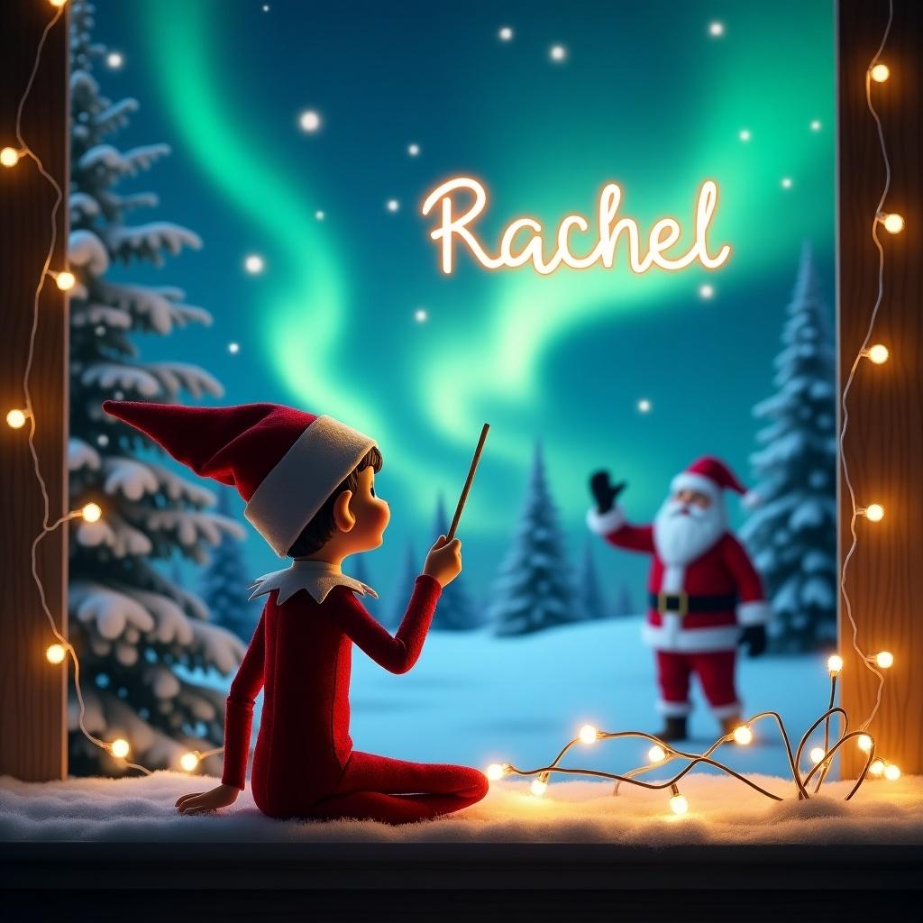 This is a magical Christmas scene featuring an elf on the shelf. The elf is sitting and using a wand to write the name 'Rachel' in the air. The background is illuminated by beautiful northern lights in the night sky. Santa Claus can be seen in the distance, waving cheerfully. The setting includes enchanting snow-covered trees and twinkling lights that enhance the joyful, festive mood of the scene.