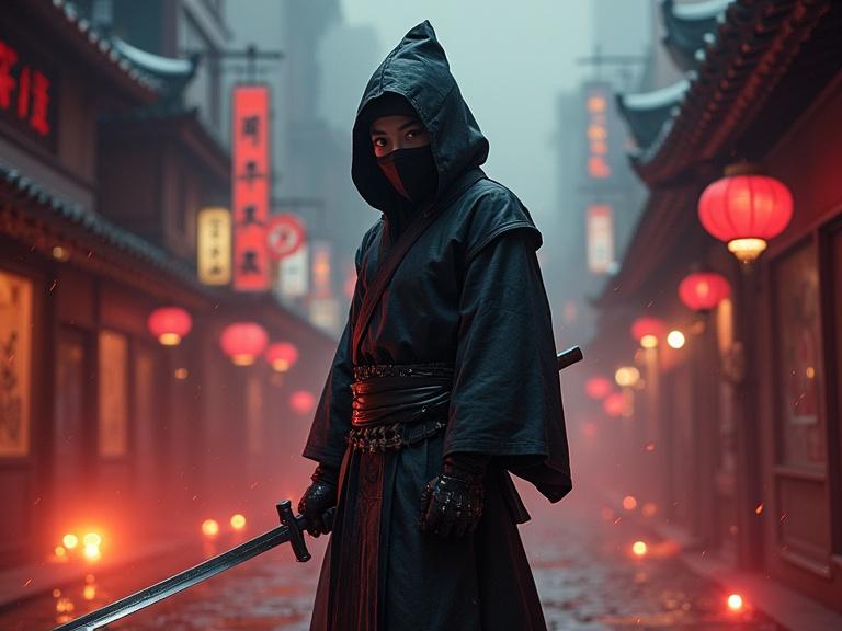 Realistic depiction of a Japanese ninja in a dark urban environment. Character posed dynamically with sword. Dramatic lighting with red lanterns illuminating the alleyway. Full-body view in action.