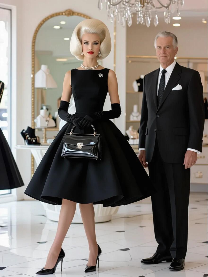 Stunning portrait of a 1960s woman with platinum beehive blonde hair. She wears a black dress with petticoats and carries a shiny black purse. Black gloves complement her outfit. An older man in a suit stands beside her. The setting is a dress boutique with elegant decor. High heels accentuate her legs.