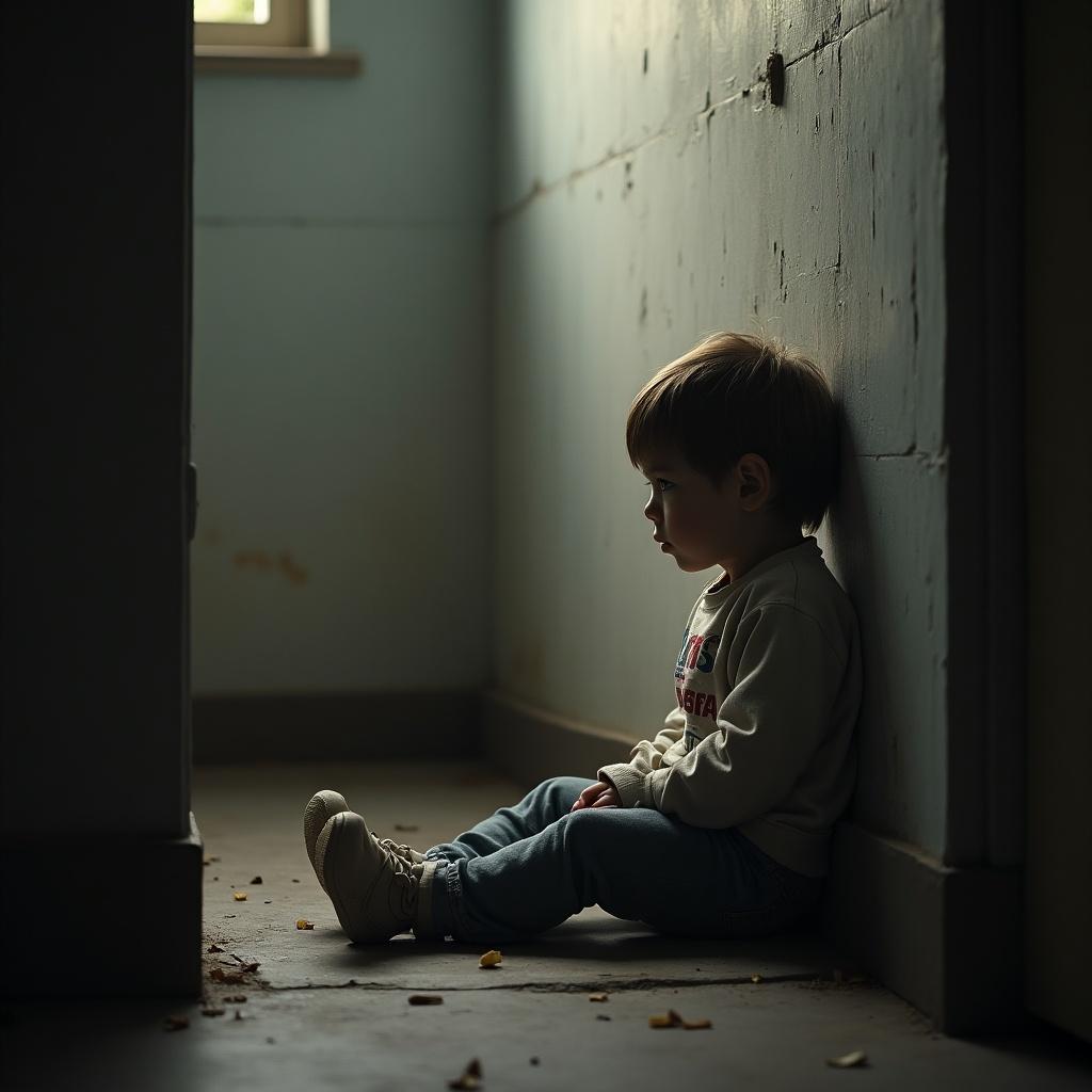 A superrealistic image of a child sitting alone in a shelter. The child is seated against a wall, with a thoughtful expression. Natural light filters through a nearby window, casting soft shadows. The floor is scattered with small remnants like dried leaves, adding a hint of decay to the environment. The colors are muted and earthy, enhancing the atmosphere. This image captures the emotions of solitude and reflection in a poignant setting.