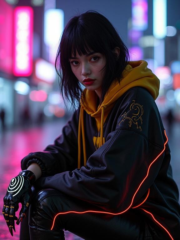 A woman with dark hair and deep red lips seated. She is wearing an oversized black hoodie with glowing white and red neon lines. Her right hand features a glowing cybernetic prosthesis. The background shows a vibrant city skyline with blurred neon lights. The scene is colored by ambient neon glow and has a cinematic quality.