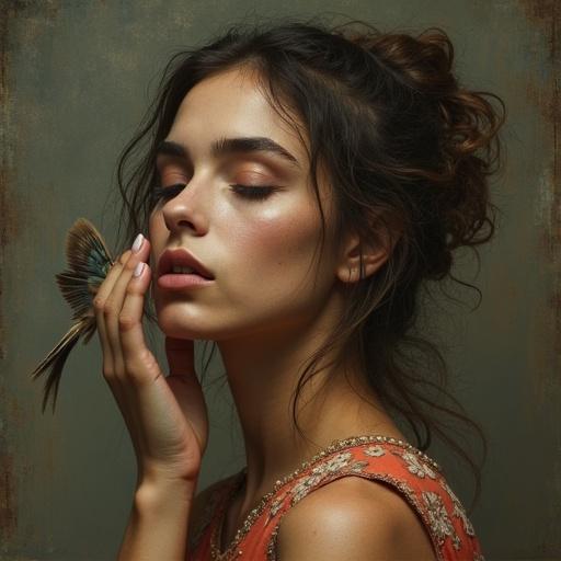 Portrait of a woman with a butterfly near her face. Soft lighting and muted colors enhance the serene mood. The woman is gazing thoughtfully. Her hair is styled in soft curls. The butterfly adds a delicate touch to the composition.
