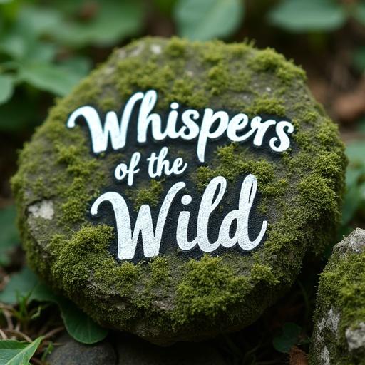 Text 'Whispers of the Wild' is displayed in flowing script on a moss-covered stone. The stone is surrounded by greenery, showing a natural setting. The script is artistic and blends with the nature theme.
