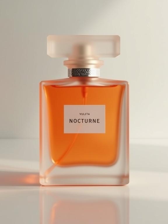 Create a minimalist mockup of a perfume bottle. The bottle is square and frosted with vibrant dark orange liquid. The design features a reflective surface beneath it and a soft gray background. Use cream as the background color. The label shows 'VULETTA' in bold serif, and 'NOCTURNE' in flowing script, both in metallic silver. Add faint silver 'Eau de Toilette' at the bottom and tiny silver speckles at the top.