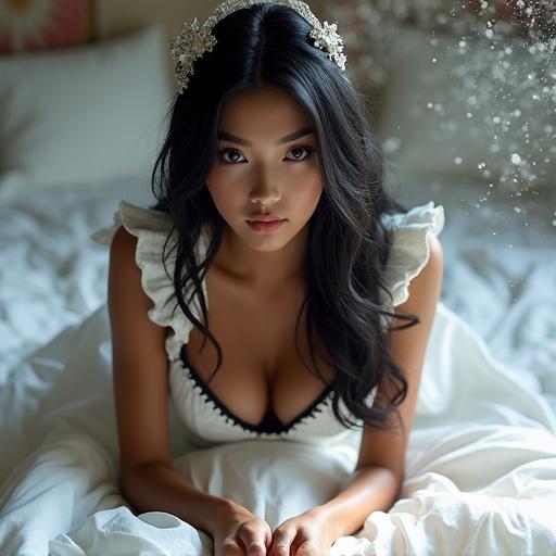 Breathtaking beauty with dark brown skin and features reflecting Japanese goddess. Glossy black hair in waves with kanzashi and hair ornaments. Wearing a European classic maid uniform in white with black accents. Positioned on all fours, smoothing sheets with focused expression. Background with magical flowing particles.