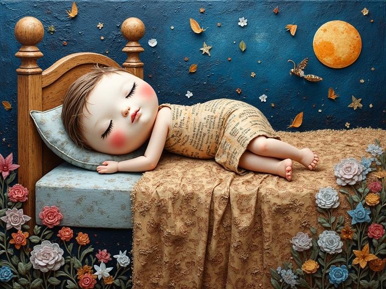 A mixed media artwork featuring a sleeping child. Child is resting on a bed surrounded by a starry night sky. Textured layers include newspaper, jute, and glitter. Use of soft colors and a whimsical style. The composition is high resolution and layered for depth.