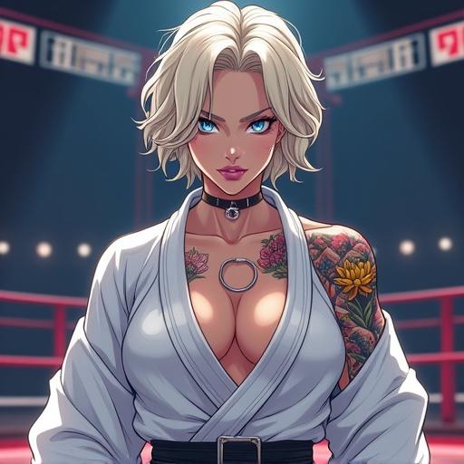 Anime character in 2037. Woman aged 52 with frosted blue eyes and a beautiful face. Short light blonde wavy hair. Wearing a mix of traditional and edgy judo gi. Exhibiting a violent grin. Half Japanese half Saiyan heritage. Light pink lipstick. Beautiful tattoos including a golden lotus. Muscular arms and abs. 6'1 tall, features a double belly button ring. Set in a luxurious martial arts arena in modern Tokyo during summer night.