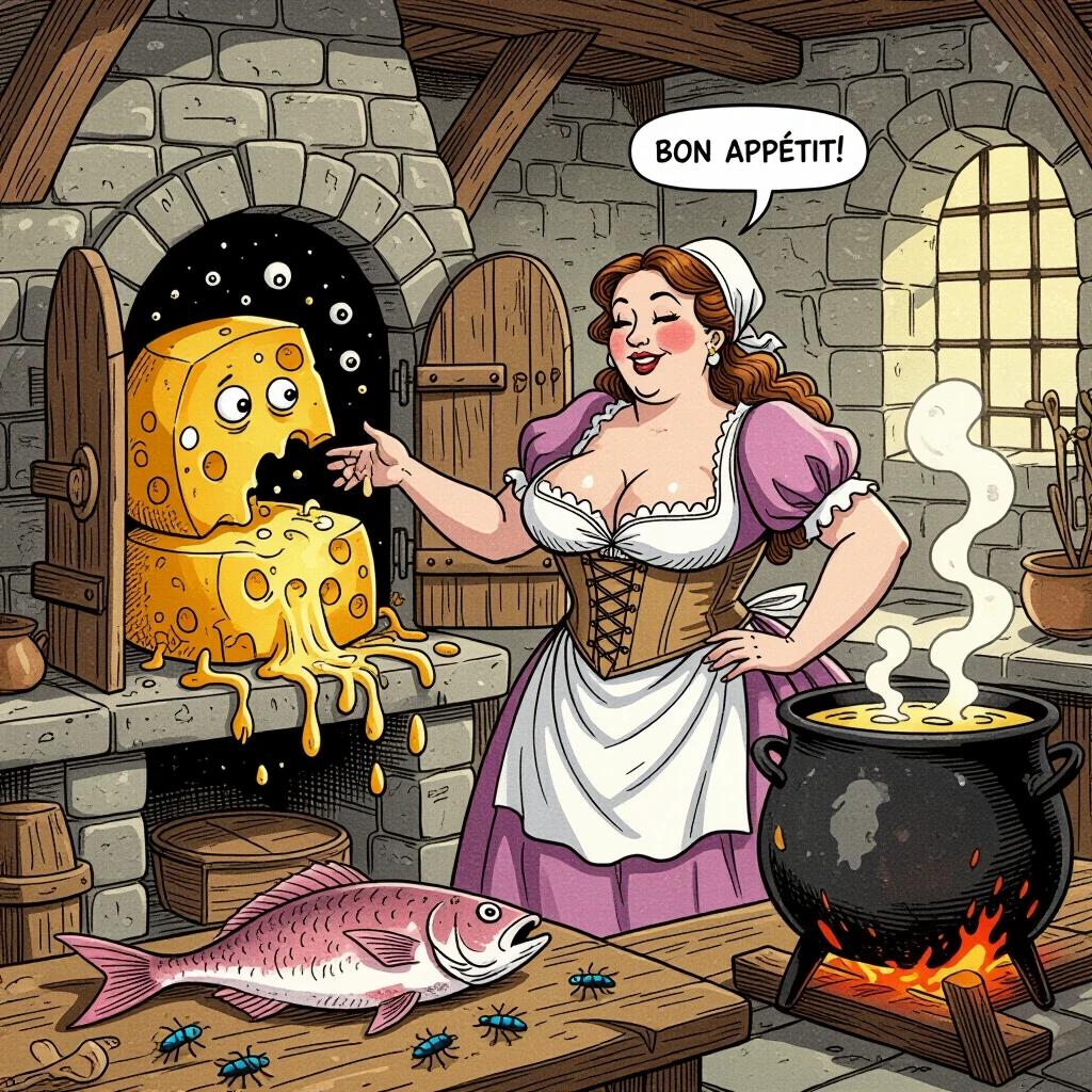 A voluptuous woman in an apron opens a cupboard revealing moldy cheese with eyes and legs. A bubbling cauldron sits on the stove. A rotten fish with flies is on the table. The scene has a humorous horror tone. The artistic style features strong outlines with watercolor shading.